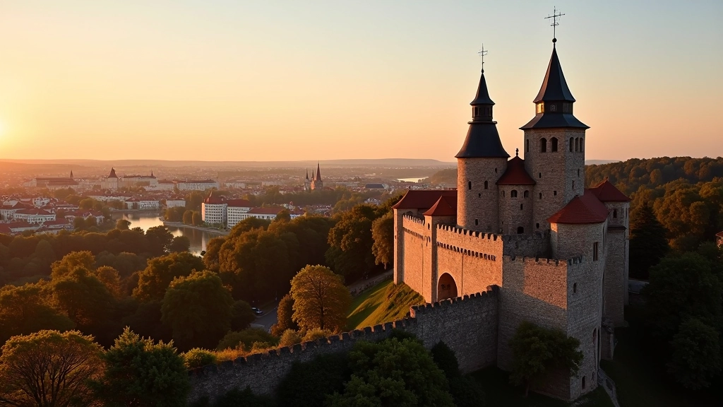 Toompea linnamüür, kaunid tornid, linna vaateline taustale, päikeseloojangu valgus